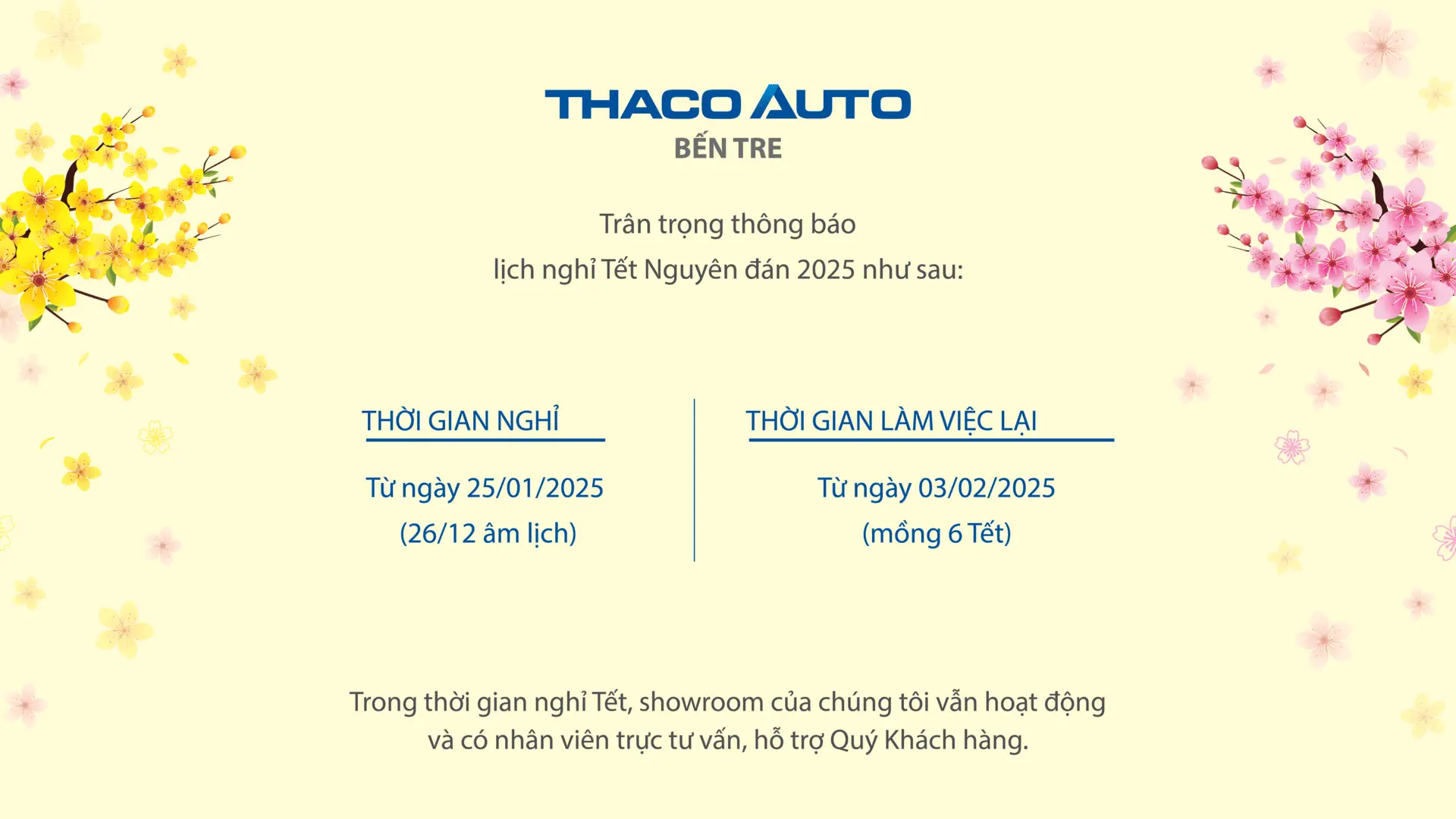 THACO AUTO Bến Tre trân trọng thông báo lịch nghỉ Tết Nguyên đán 2025